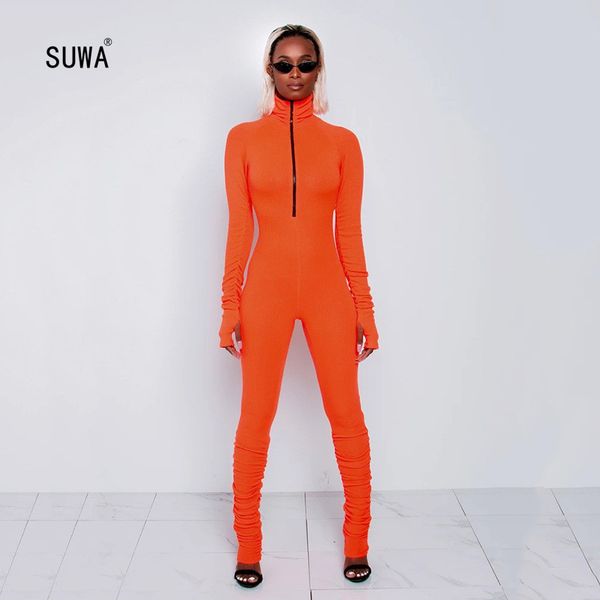 

wholesale casual women long jumpsuit 2020 spring high street women turtleneck full sleeve rompers femme catsuit, Black;white