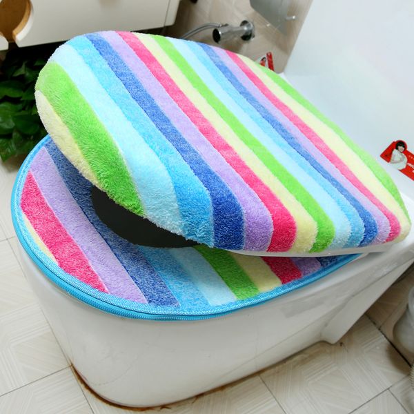 

bathroom toilet seat cover set thicken soft coral velvet rainbow color zipper toilet case warm waterproof wc potty cover swz024