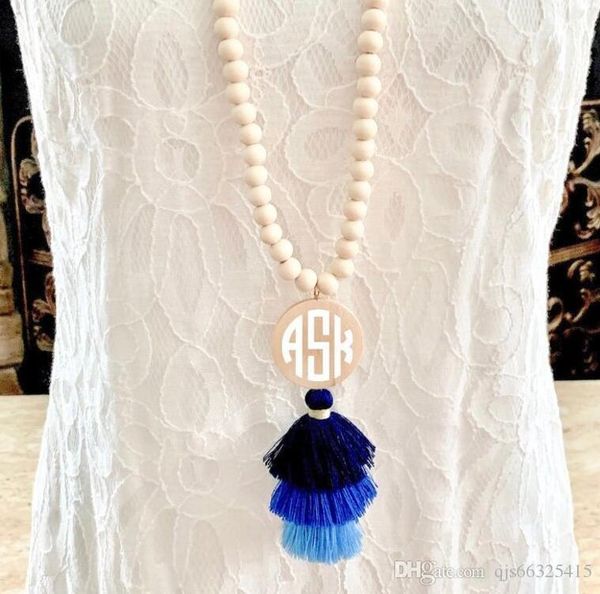 

bohemian wood bead & tassel necklace, navy blue monogram boho tribal jewelry, bridesmaid friend birthday personalized gift for her, Silver