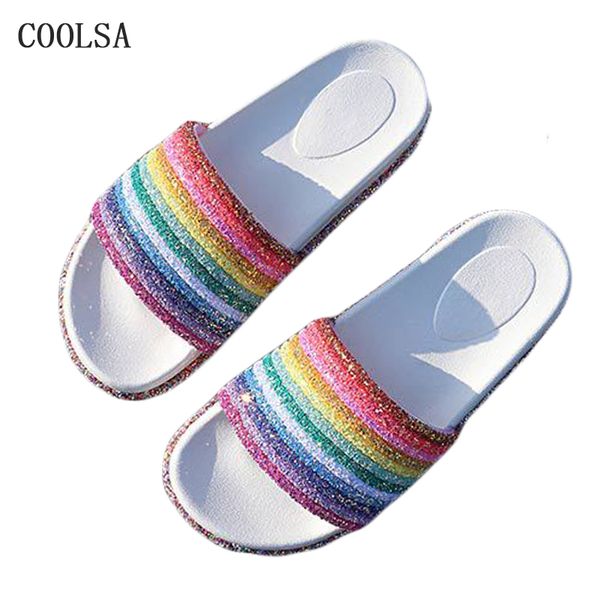 

new summer mixed colors women slippers rainbow bling shoes glitter crystal slides beach sandals flip flop platform slip on shoes t01, Black