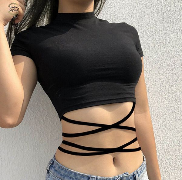 

summer women short sleeve short slim o neck bandage fitness black shirts gothic cotton crop womens clothing, White
