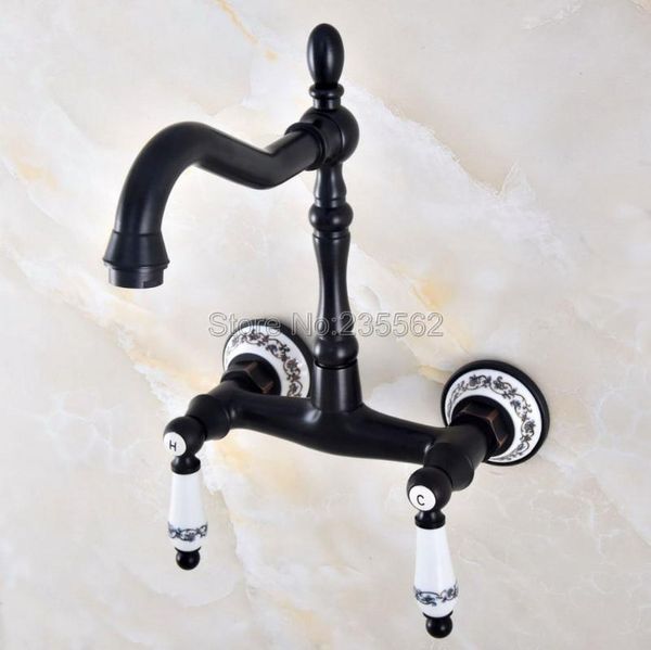 

kitchen swivel 360 spout wall mounted oil rubbed black bronze bathroom basin sink vessel bathtub tap mixer faucet lnf831