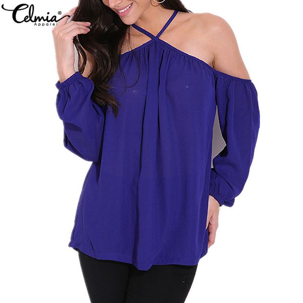 

4xl celmia women chiffon blouse halter off shoulder spring summer casual long sleeve solid club party blusas plus size, White