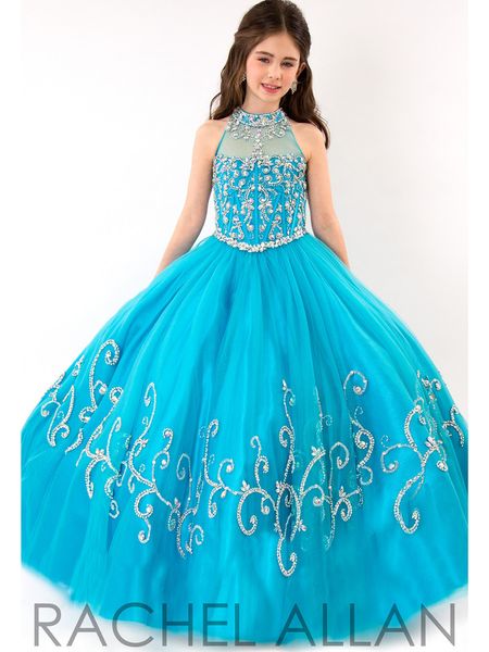 

custom made girls pageant dresses sheer high neck tulle blue rhinestone crystal beads glitz ball gown long flower girls gowns, White;red