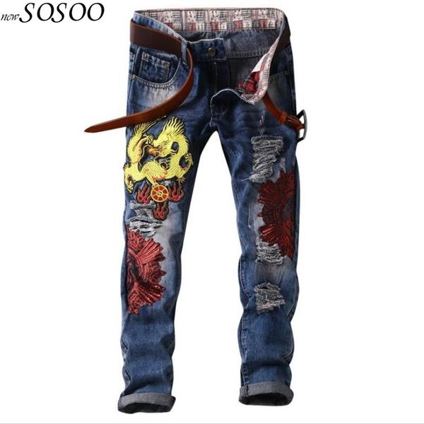 

100% cotton men jeans embroidery and ripped jeans for men european and american style #892, Blue