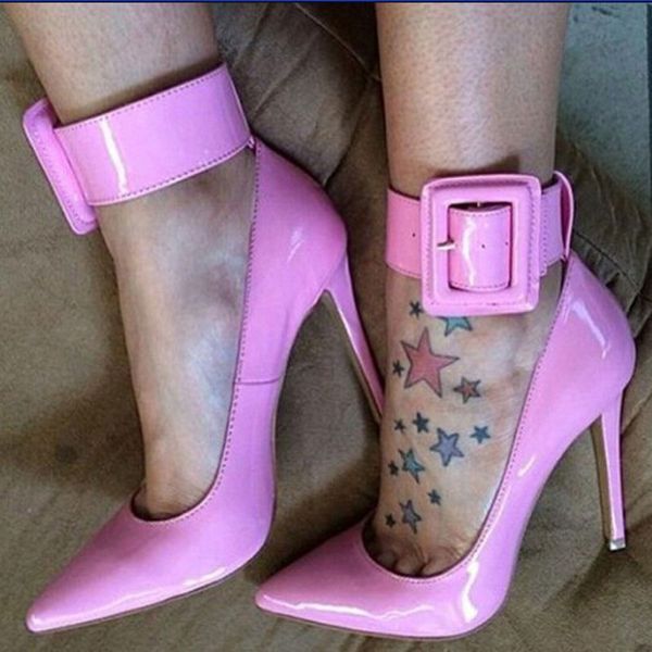 

ladies solid rose pink big buckle pointed toe pumps women thin high heels shiny leather party dress pumps shoes women, Black