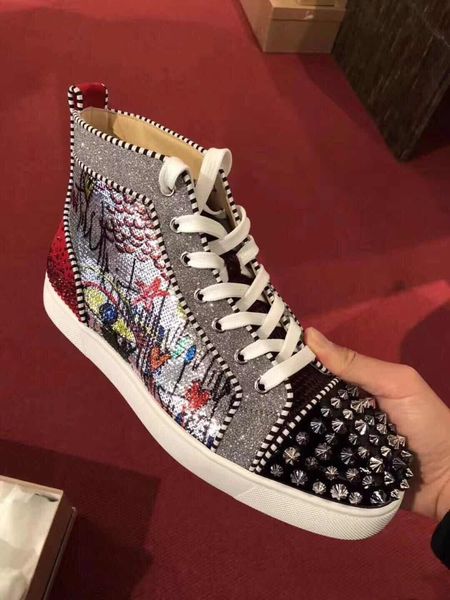 

new style red bottom sneakers women,men graffiti + glitter + beads high-casual walking shoes eu35-47 with box, Black