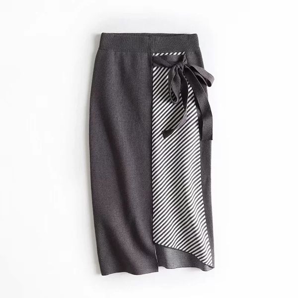 

2019 high waist knitted women winter long skirt chic bowtie decorated women autumn brown striped skirt faldas jupe femme saia, Black