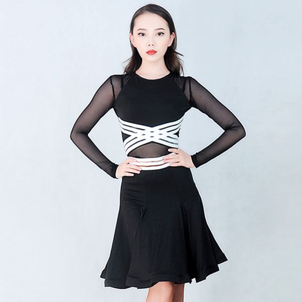 

latin dress for women black white stitching tango salsa cha cha rumba practice dancing dresses ballroom square dance wear dc1675, Black;red