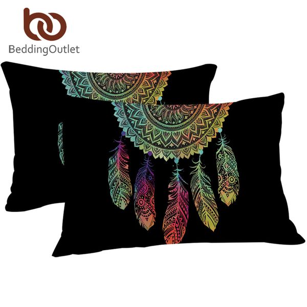 

beddingoutlet dreamcatcher pillowcase красочные перья наволочка bohemian mandala постельных черный чехол 50x75cm 50x90cm