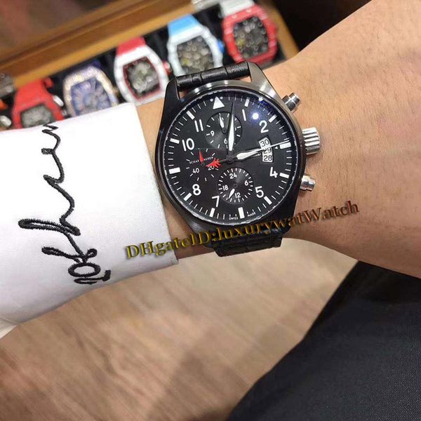 

Brand 42mm pilot 039 watche iw378901 day date black dial multifunction automatic men watch black pvd teel ca e leather trap port wat