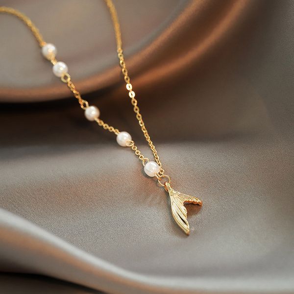 

fishtail necklace women small design sense korean version 2020 new tide lock chain pearl simple sweet neck chain, Silver