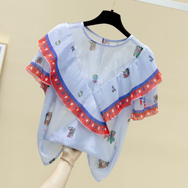 

мода шифоновая рубашка женщины с коротким рукавом блузка лето новый стиль супер фея шифон заклинание сетки кружевной воротник блузки blusas, White