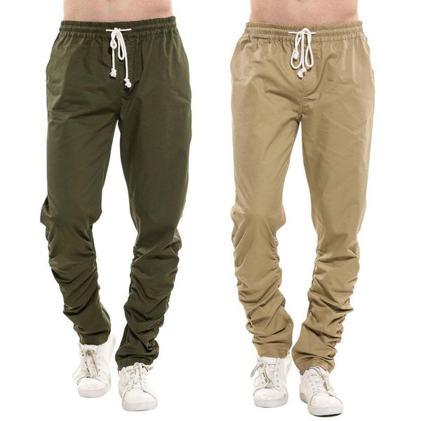 

men fashion drawstring elastic waist long mid full length casual flat pants pockets wasit, Black