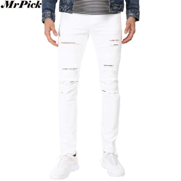 

2017 new men shredded skinny jeans tapered knee ripped hole destroyed distressed pencil stretchy biker jeans t0301, Blue