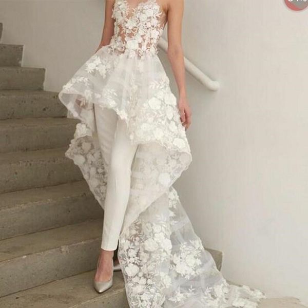 

new bohemian white jumpsuits wedding dresses long train 2019 zuhair murad sweetheart lace 3d floral appliques bridal gown