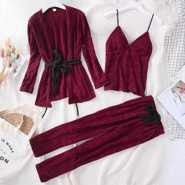 

женская пижама халат халат комплект сексуальный халат свободные большой размер теплый зимний домашний комплект сна женская пижама 3 шт loung, Black;red