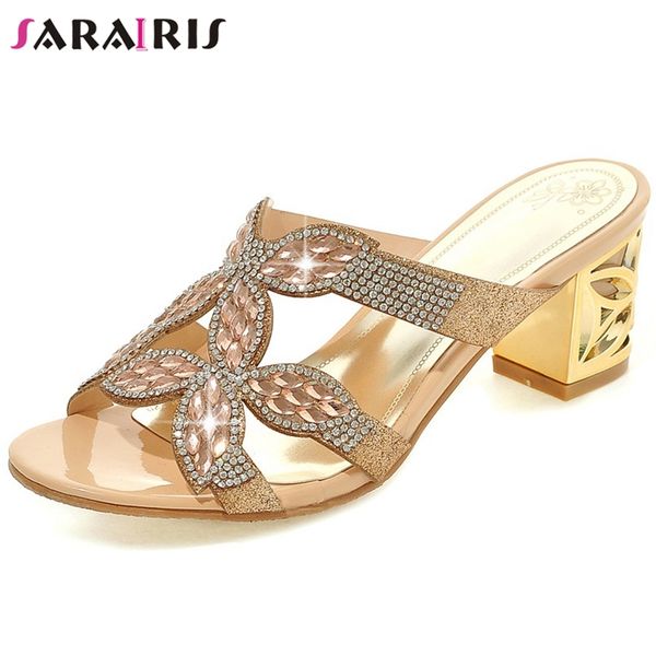 

sarairis female cool summer peep toe mules holiday casual high chunky heel pumps women fashion crystal shoes woman, Black
