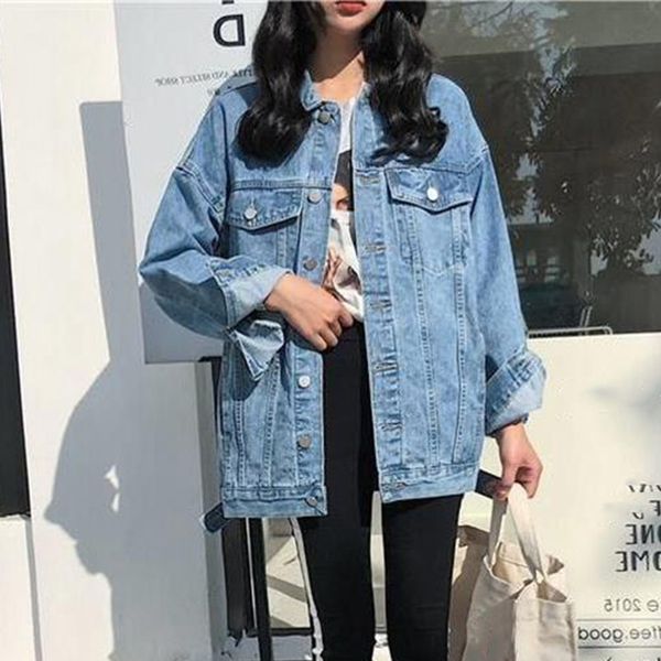 

long sleeve jeans long women's denim jacket button pocket solid wide women autumn jackets classsical streetwear coat female, Black;brown