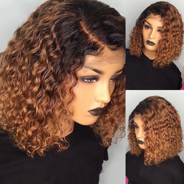 

13x6 deep part ombre lace front human hair wigs with baby hair pre plucked brazilian virgin kinky curly wig for black women, Black;brown