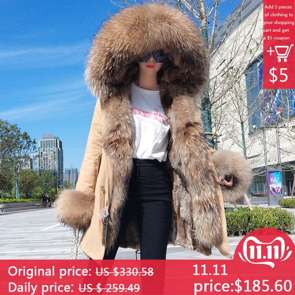 

2019 new long fur parka winter jacket women plus size real fur coat rex lining big raccoon collar hooded clothing, Black