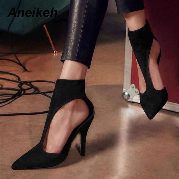 

aneikeh summer 2020 flock pointed end hollow out rome sandals women zipper roman thin high heels pumps party shoes size 35-40, Black