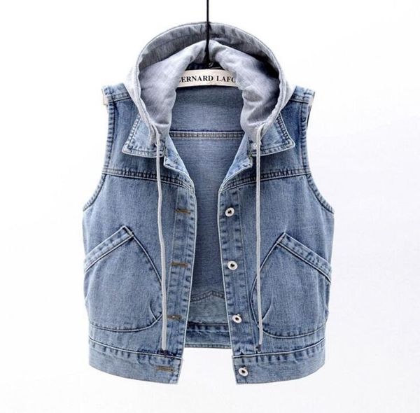 

denim vest female short section 2020 summer new hooded big pocket sleeveless female jacket slim jacket, Black;white