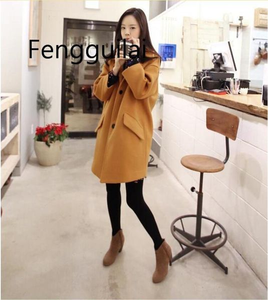 

women jacket autumn-winter korean version fashion large-size women's lapel tweed overcoat long woolen overcoat women coats, Black