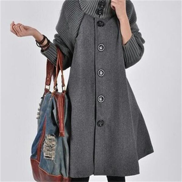 

new women's windbreaker thickening solid color woolen coat female loose warm coat large size europe and america cape cloak, Black