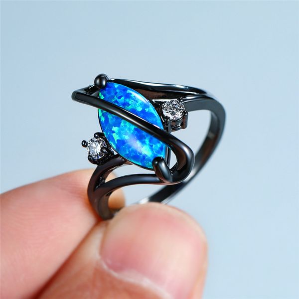 Unique Style Feminino Azul Opal de pedra do vintage anel de ouro preto anéis de casamento para as mulheres Promise amor anel de noivado