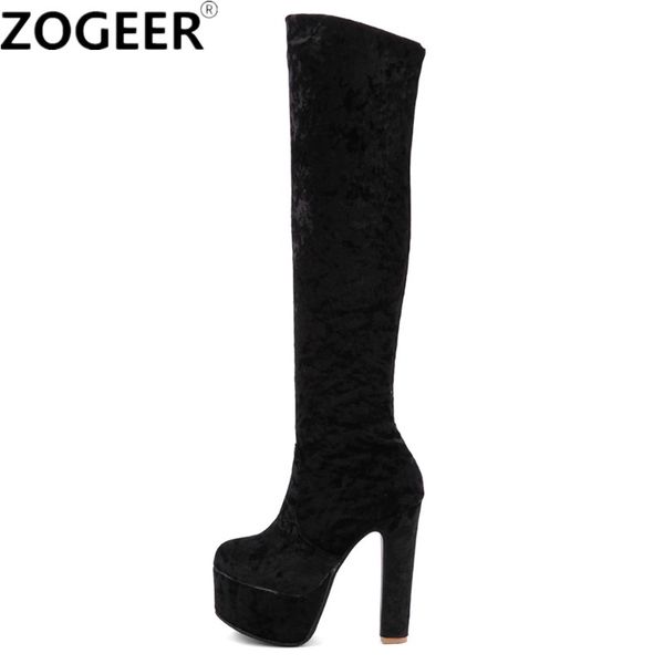 

plus size 48 new women boots fashion velvet high heels over the boots knee round toe platform nightclub party shoes woman, Black