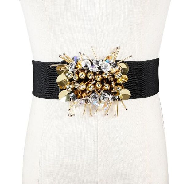 

women's runway fashion vintage elastic beaded cummerbunds female dress corsets waistband belts decoration wide belt r1152, Black;brown