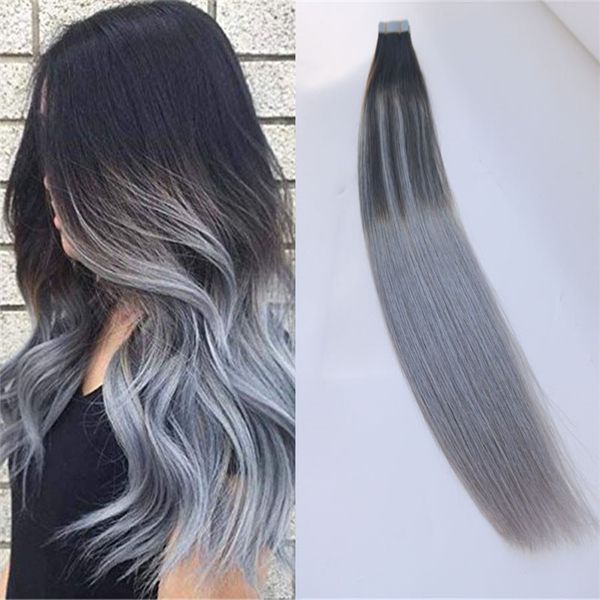Brazilian Remy Hair Ombre Color 2 Dark Brown Fading To Silver Grey Glue Skin Weft Pu Tape Hair Extensions 50g Tape Hair Extensions Melbourne Hair