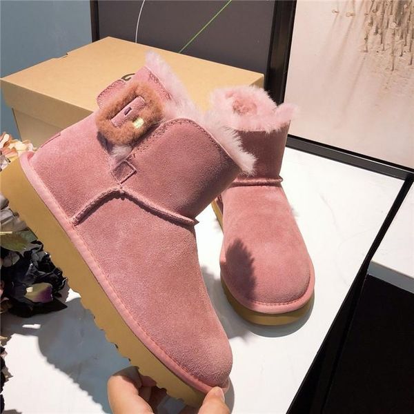 

australian winter new square buckle fur integrated snow boots womenss leather flat womenss short boots warm wool womenss shoes 02, Black