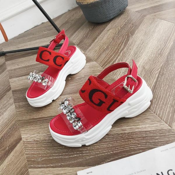 

women rhinestone sandals wedge platform word buckle sandals female 2020 new summer thick sole outdoor casual roman beach shoes, Black
