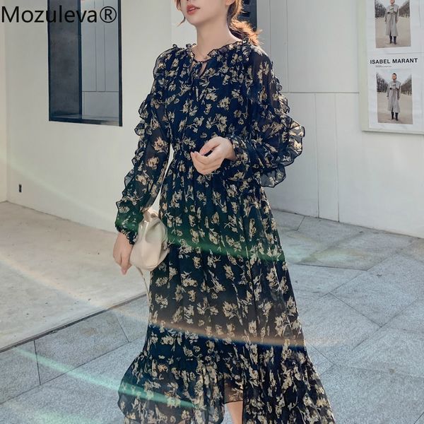 

mozuleva vintage lace up print women dress irregular ruffles female long dress 2020 spring summer chiffon a-line vestidos femme, Black;gray