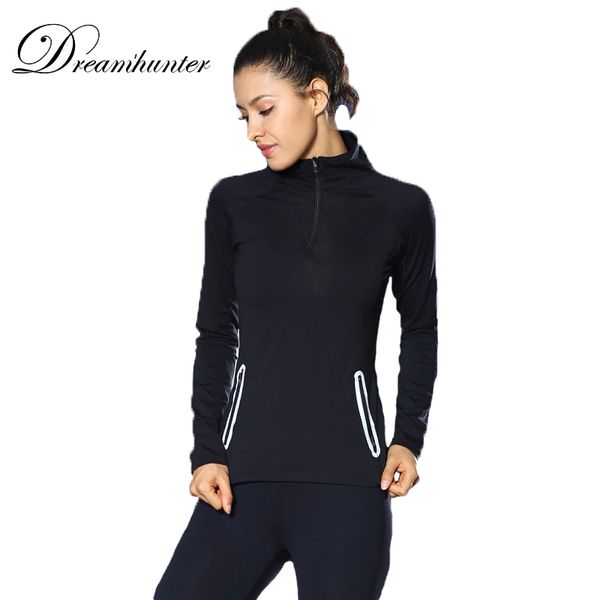 

2019 girl high collar zipper women long sleeves black wihte casual sports jogging running yoga elasti t-shirt sportswear, Black;red