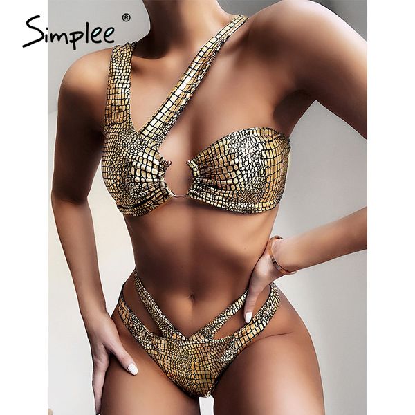 

simplee shiny swimwear women snake print bikini mujer irregular swimsuit female golden bathers bathing high cut biquini, White;black