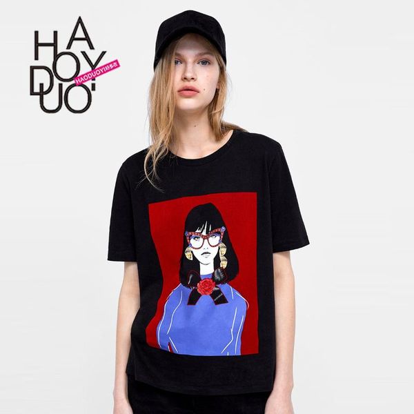 

haoduoyi] european and american minimalist cool girl contrast color joint printed decoration crew neck short sleeve loose t-shi, White