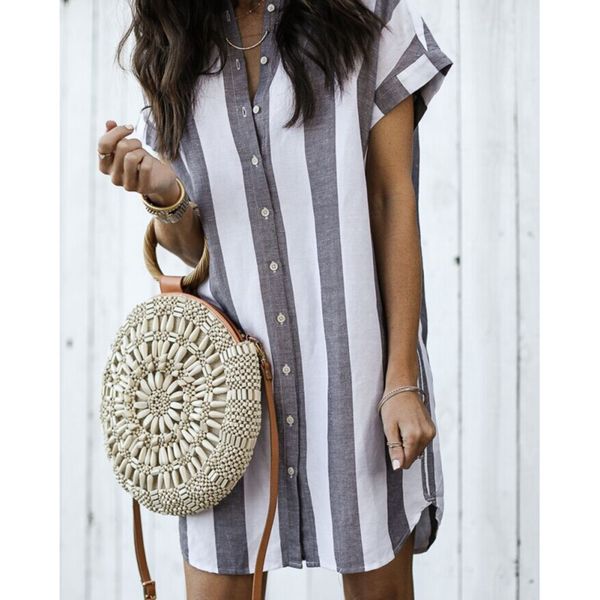 

new women summer shirt dress loose short sleeve button striped short dresses ladies casual mini dress vestidos, Black;gray