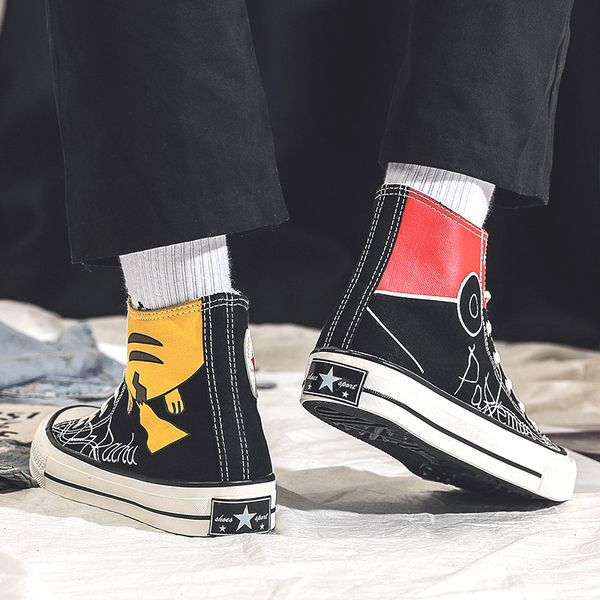 

shoes, men's and women's korean tide students' skate shoes, cartoon and cartoon lovers, high-help canvas shoes, Black