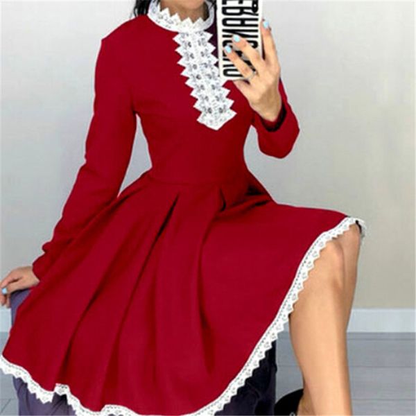 

womens long sleeve casual mini dress bodycon lace patchwork o-neck party evening swing short dress spring autumn fashion dresses, Black;gray