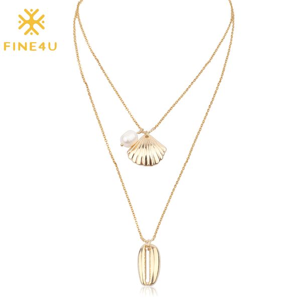 

fine4u n197 summer beach jewelry multi-layer natural sea shell pearl pendant necklace long chain necklaces 2019 new boho jewelry, Silver