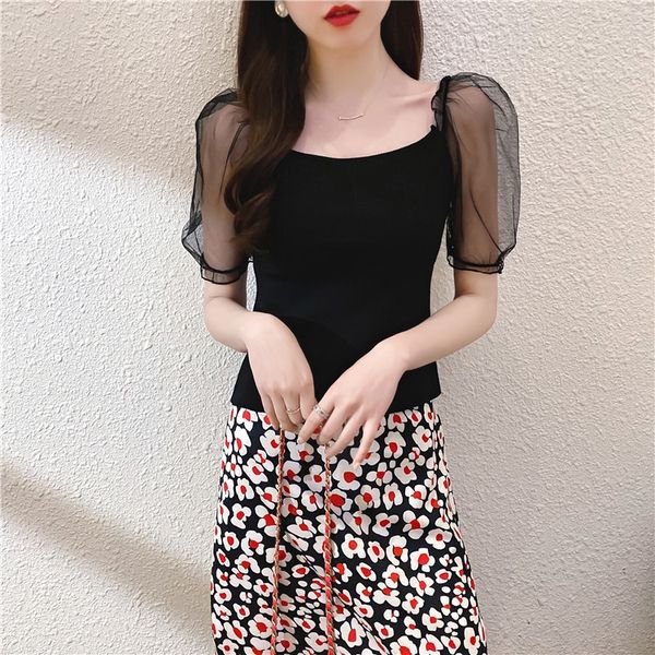 

2020 super fire stitching mesh bubble short-sleeved shoulder ins style slim 2020 super fire sewing net female bubble girl versatile knitwear, White