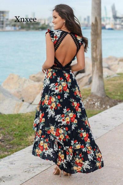 

2020 womens summer boho holiday beach dress ladies party maxi dress sleeveless backless vintage split black white floral, Black;gray
