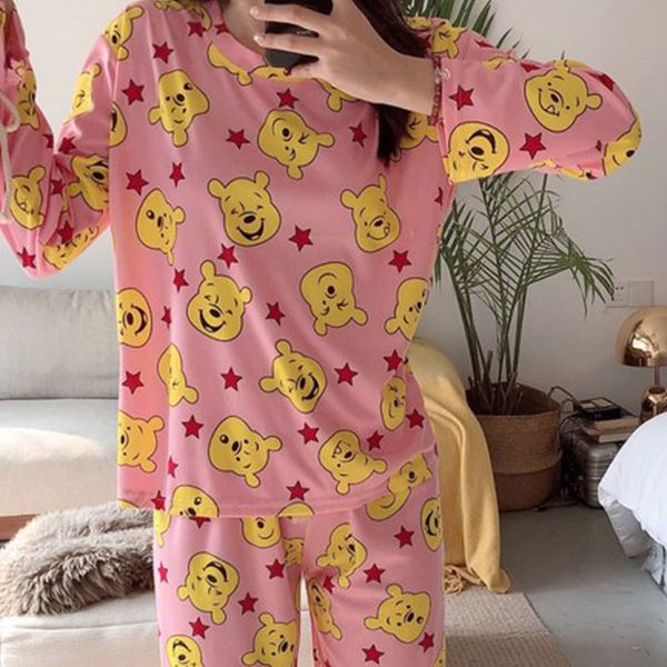 

cute pajamas women's spring and autumn qmilch thin breathable large size girl's pajamas pooh bear long-sleeve suit, Black;brown