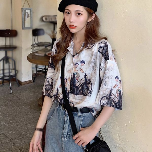 

2020 new shirt for women fashion retro prints ladies blouses loose casual turn-down collar button cardigan top, White