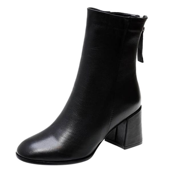 

women's autumn square with high heels fashion ladies round head leather zipper in the tube warm snow boots women's shoes, Black