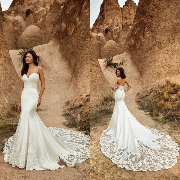 

eddy k 2021 wedding dresses sweetheart button back bridal gowns custom made appliques lace satin sweep train mermaid robe de soiree, White