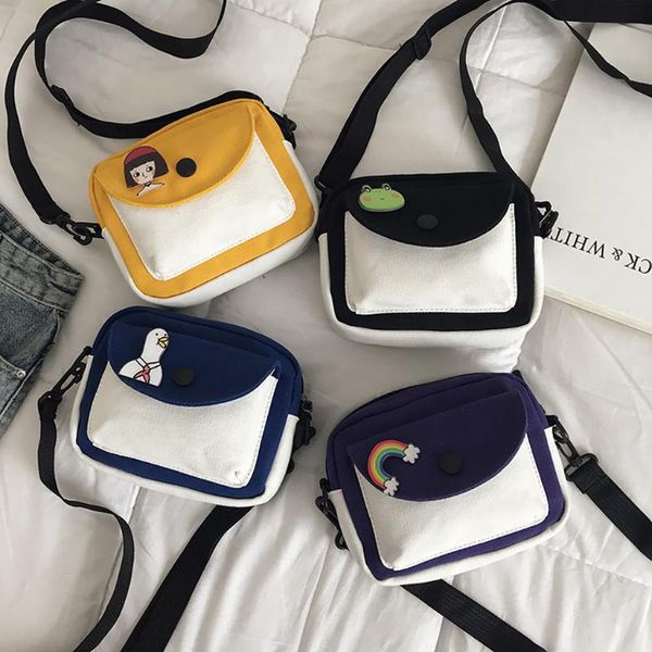 

outdoor zipper canvas messenger bag sport chest bag women fashion rainbow applique contrast color hip hop teenager girls